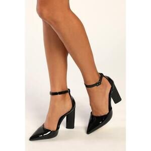 Lulus Syngo Black Patent Pointed-toe Ankle Strap Pumps - Size 8